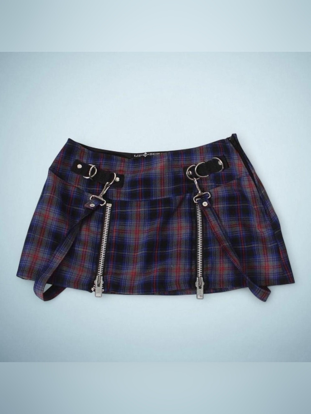 RARE Lip Service Purple and Red Plaid Zipper Micro Mini Skirt w D Rings & Straps